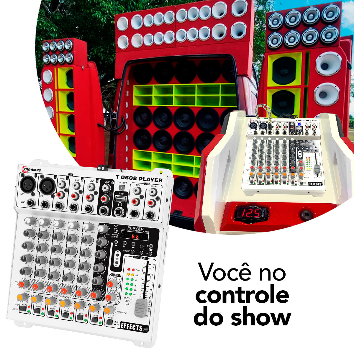 Mesa de Som Taramps T 0602 Player 6 Canais com Efeito Echo FX Mesa de Som Taramps T 0602 Player 6 Canais com Efeito Echo FX